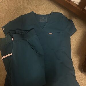 Figs Teal V-Neck Scrub Top and Pants Set